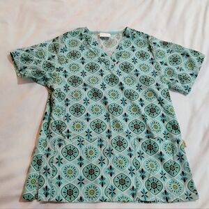 Tafford Teal and Black Patterned Women's Scrub Top With Pockets